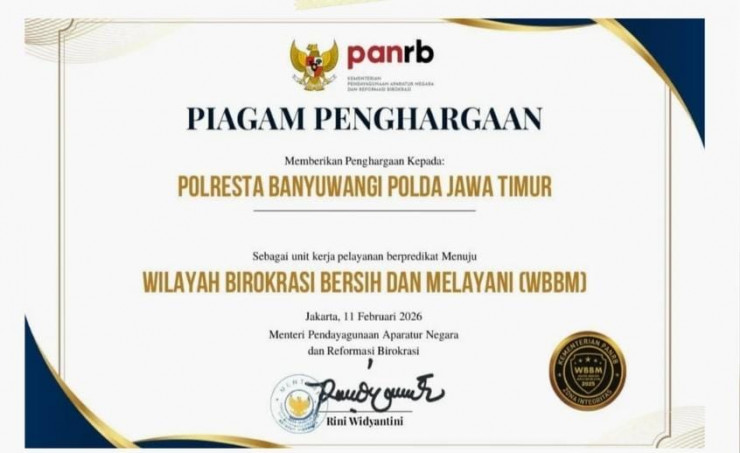 Polresta Banyuwangi Raih Penghargaan Zona Integritas Menuju WBBM Tahun 2025